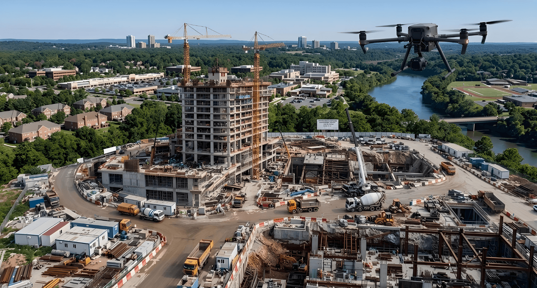 Aerial view of modern commercial building complex showcasing drone mapping and surveying capabilities