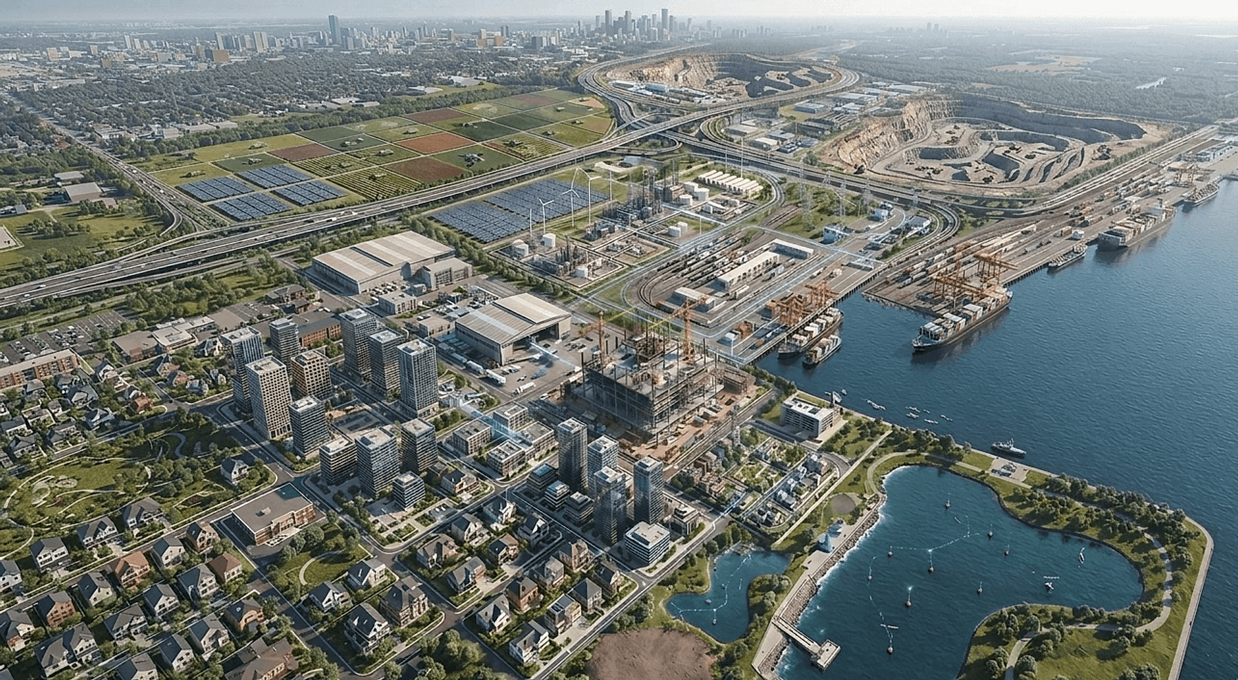 Aerial view of a connected smart city and industrial landscape with residential areas, solar farms, a construction site, industrial complex, shipping port and waterfront
