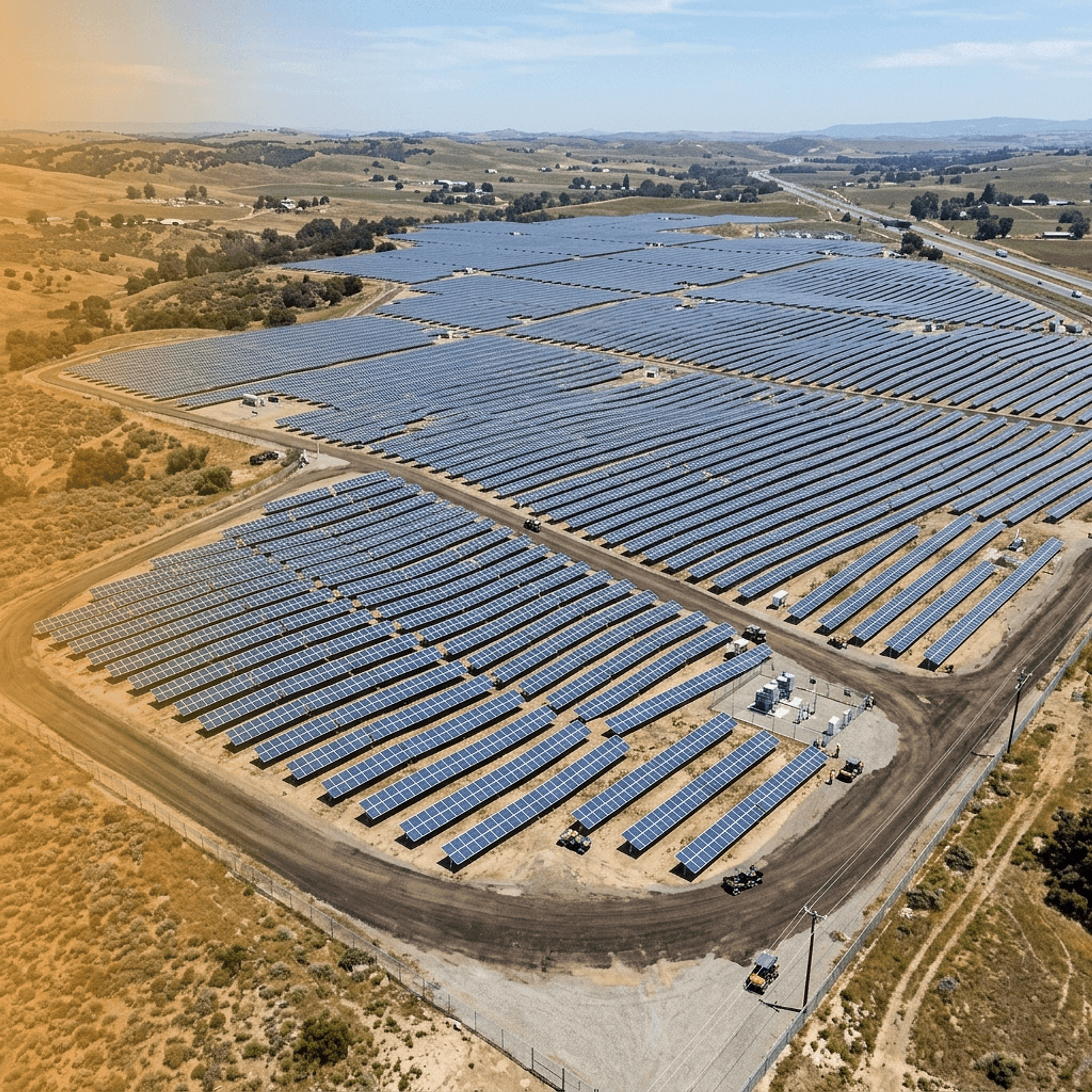 Aerial top-down drone view of a large solar farm with rows of photovoltaic panels