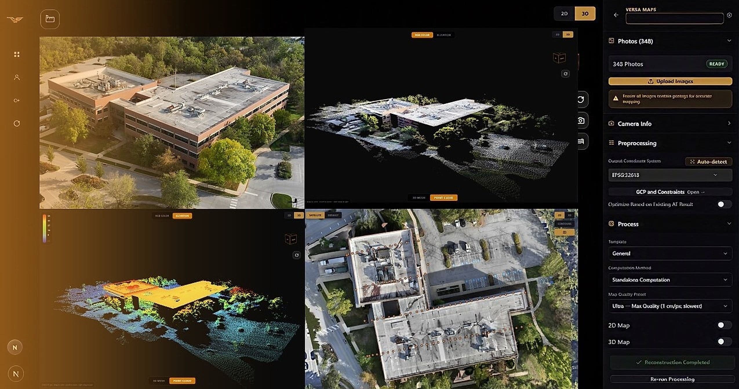 VERSA MAPS drone mapping software showing 2D and 3D building reconstruction with point cloud and elevation data