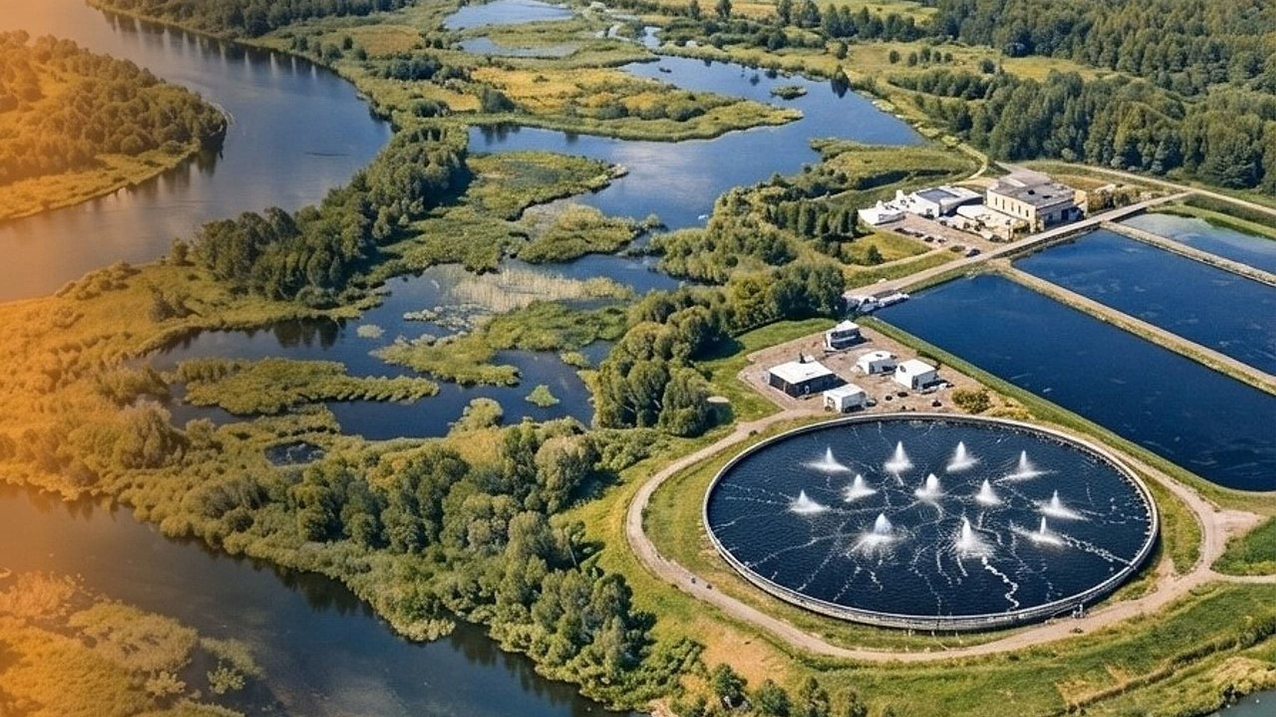 Aerial view of a wastewater treatment plant with a large circular aeration basin beside wetlands and a river