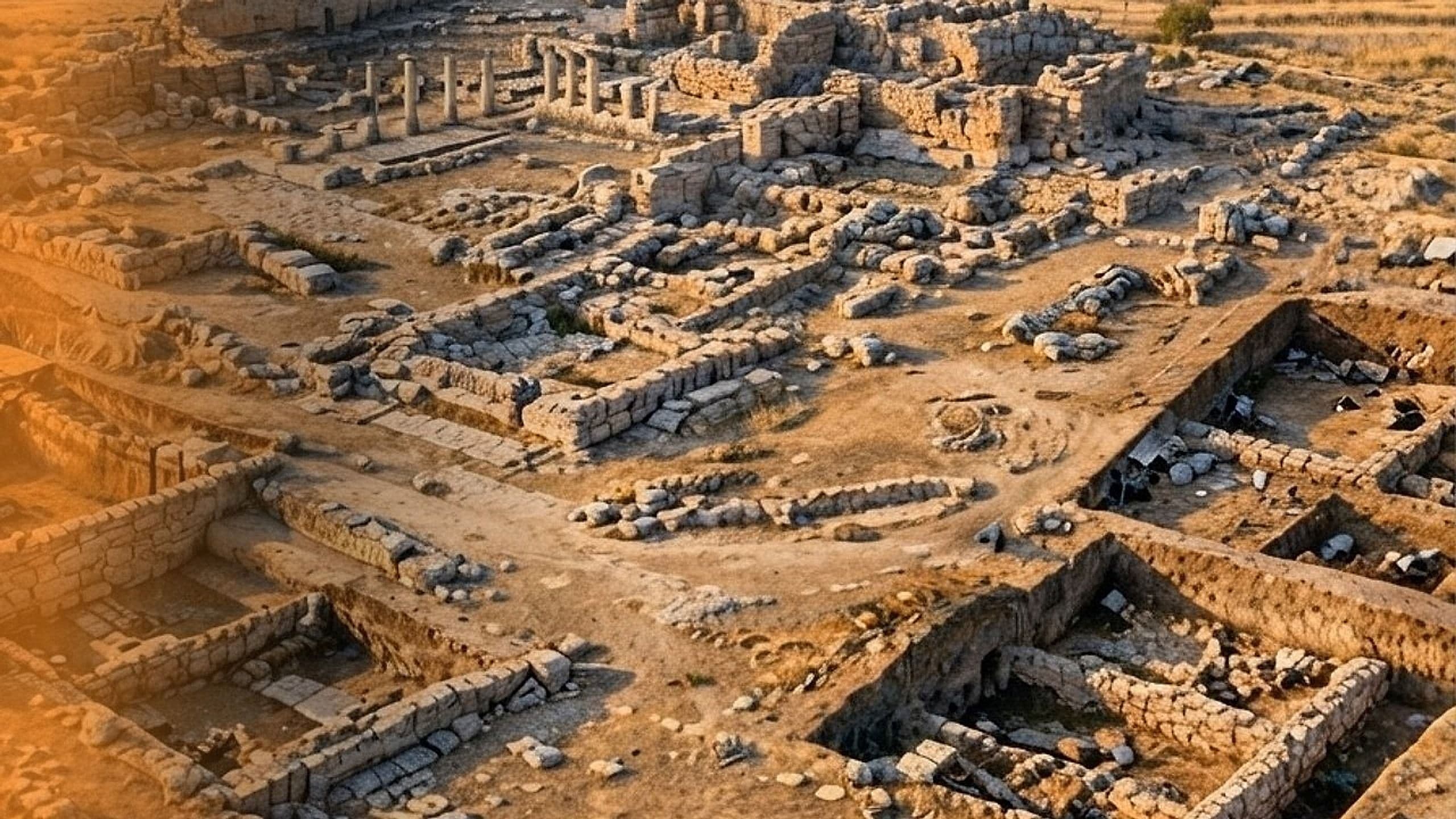 Aerial view of an archaeological excavation site with ancient stone ruins in golden light