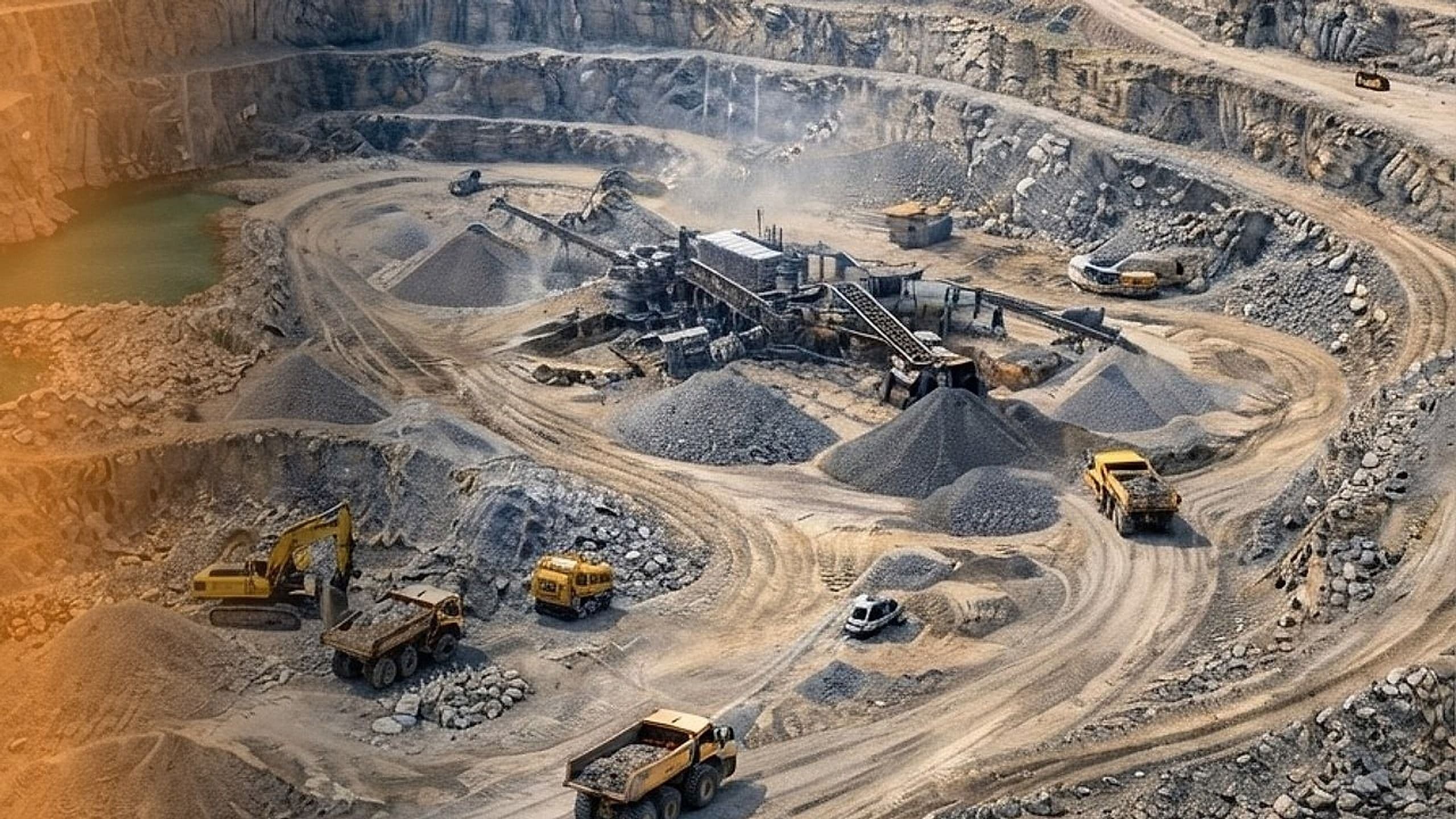 Aerial view of a rock quarry and open-pit mine with gravel piles, crushing equipment and dump trucks