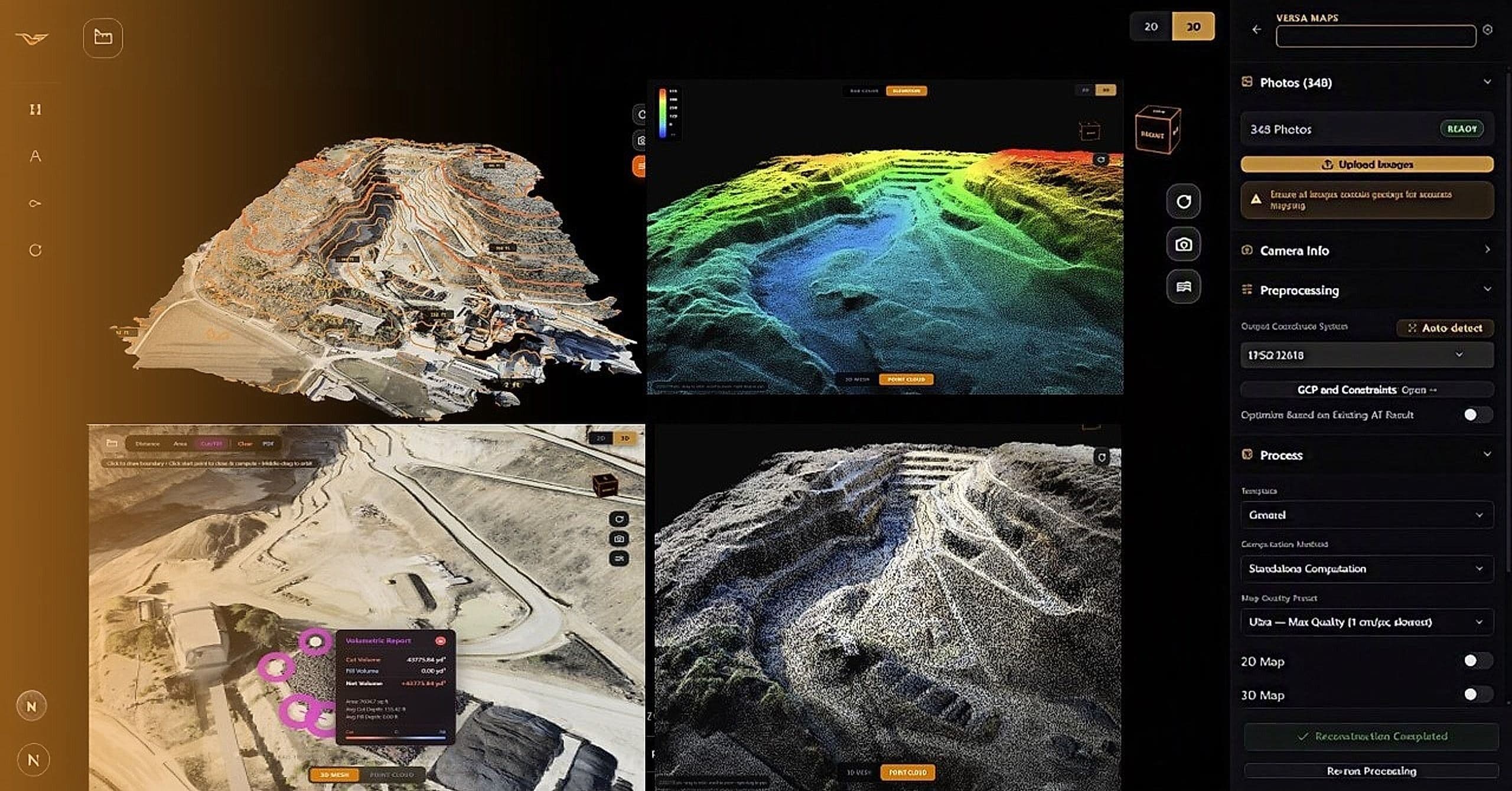 VERSA MAPS software showing 3D mine terrain reconstruction with a color-coded elevation point cloud and volumetric report