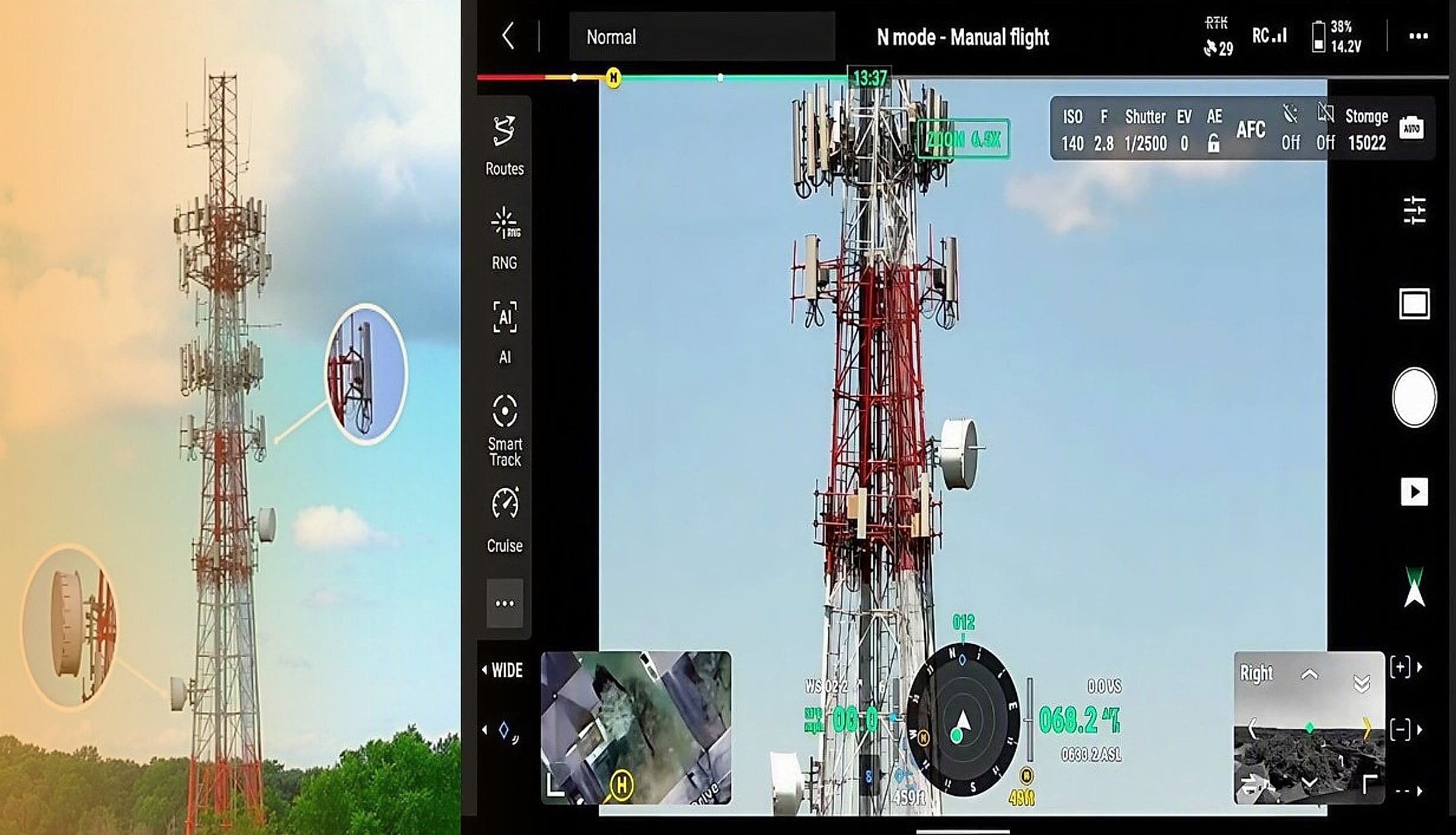 Drone controller interface inspecting a red-and-white telecommunications tower with zoomed equipment callouts