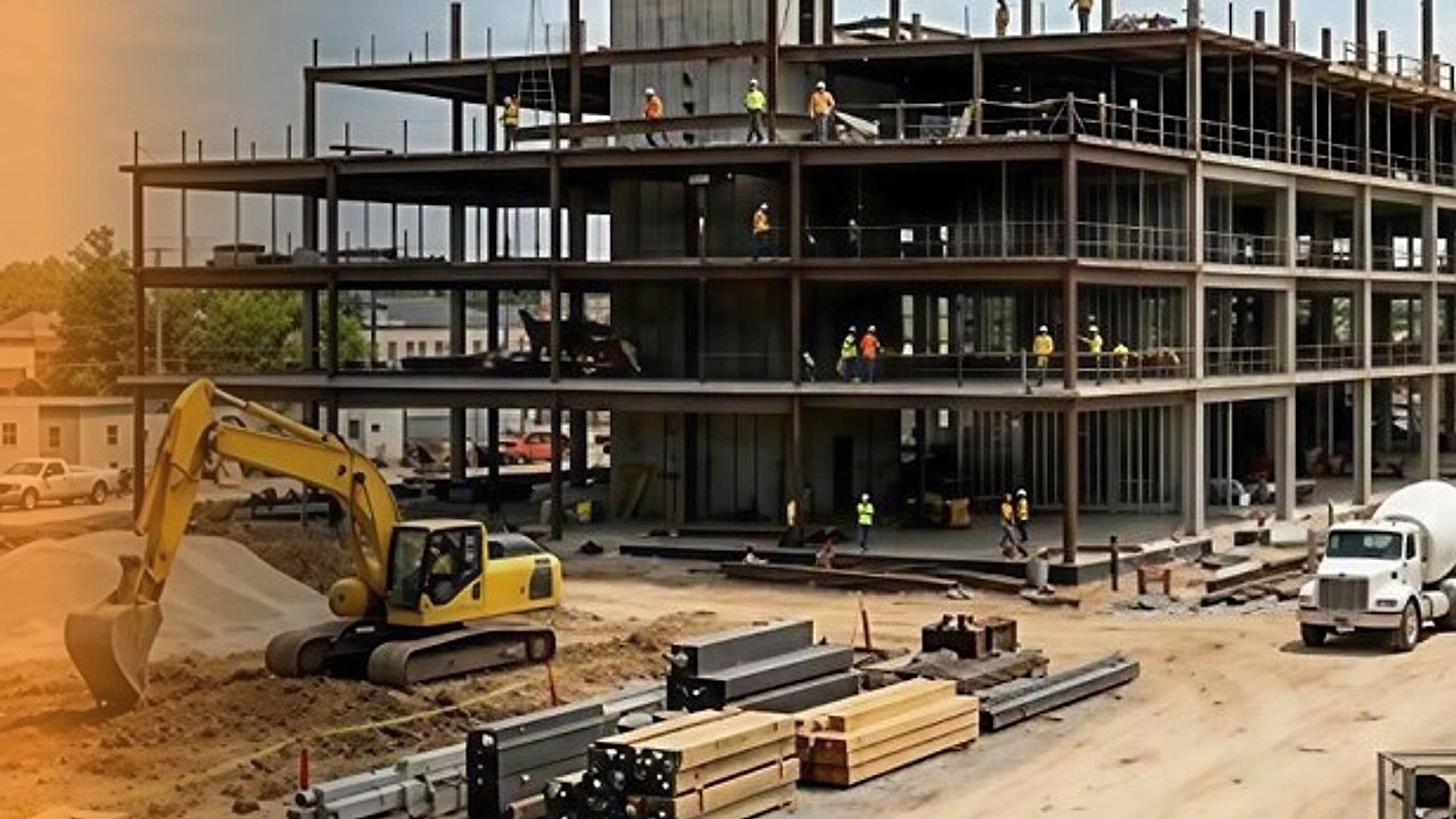 Construction site with a steel-frame building under construction, hi-vis workers, an excavator and a cement mixer truck