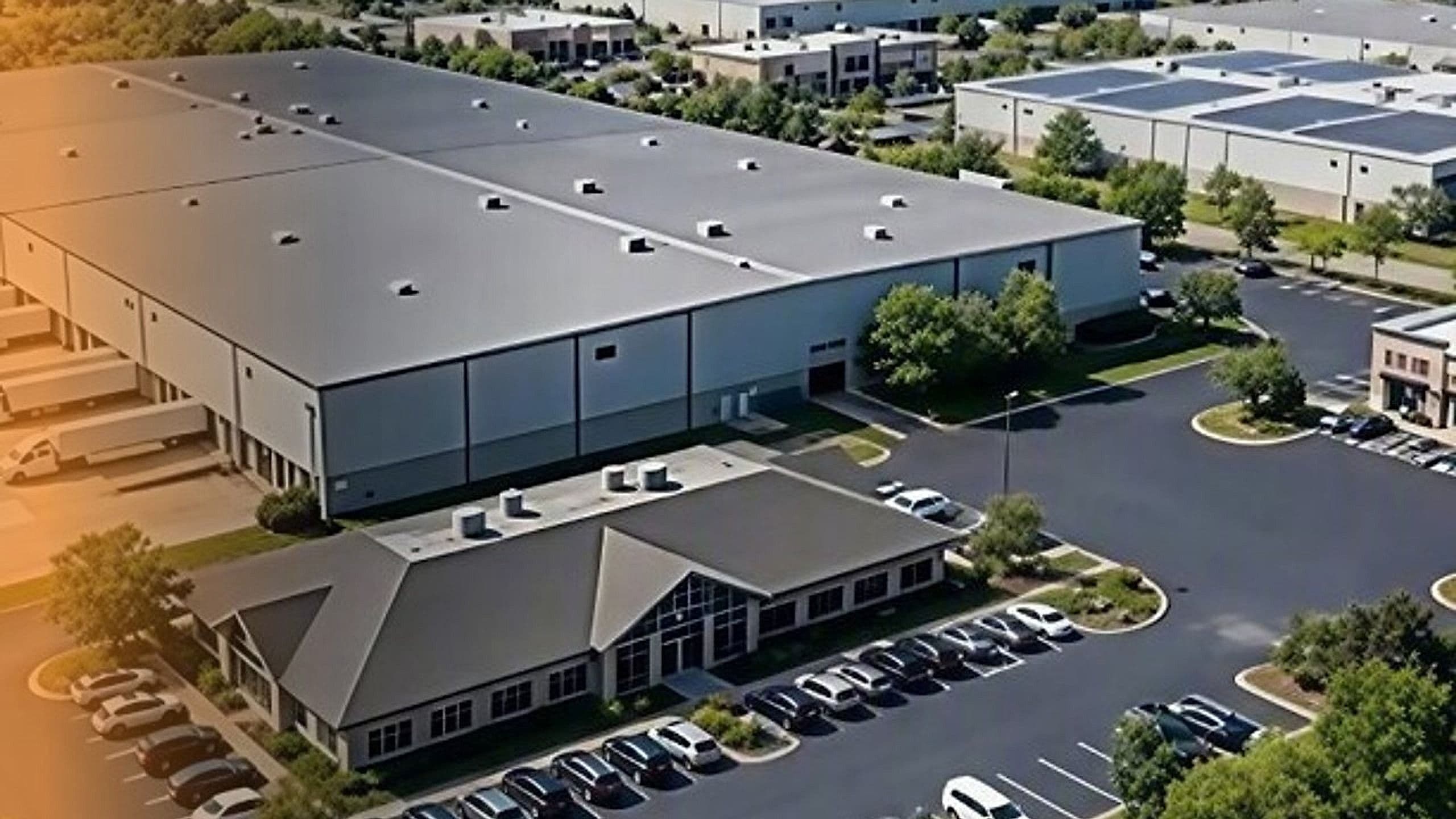 Aerial view of a large industrial warehouse and commercial complex with a peaked-roof office and parking lots