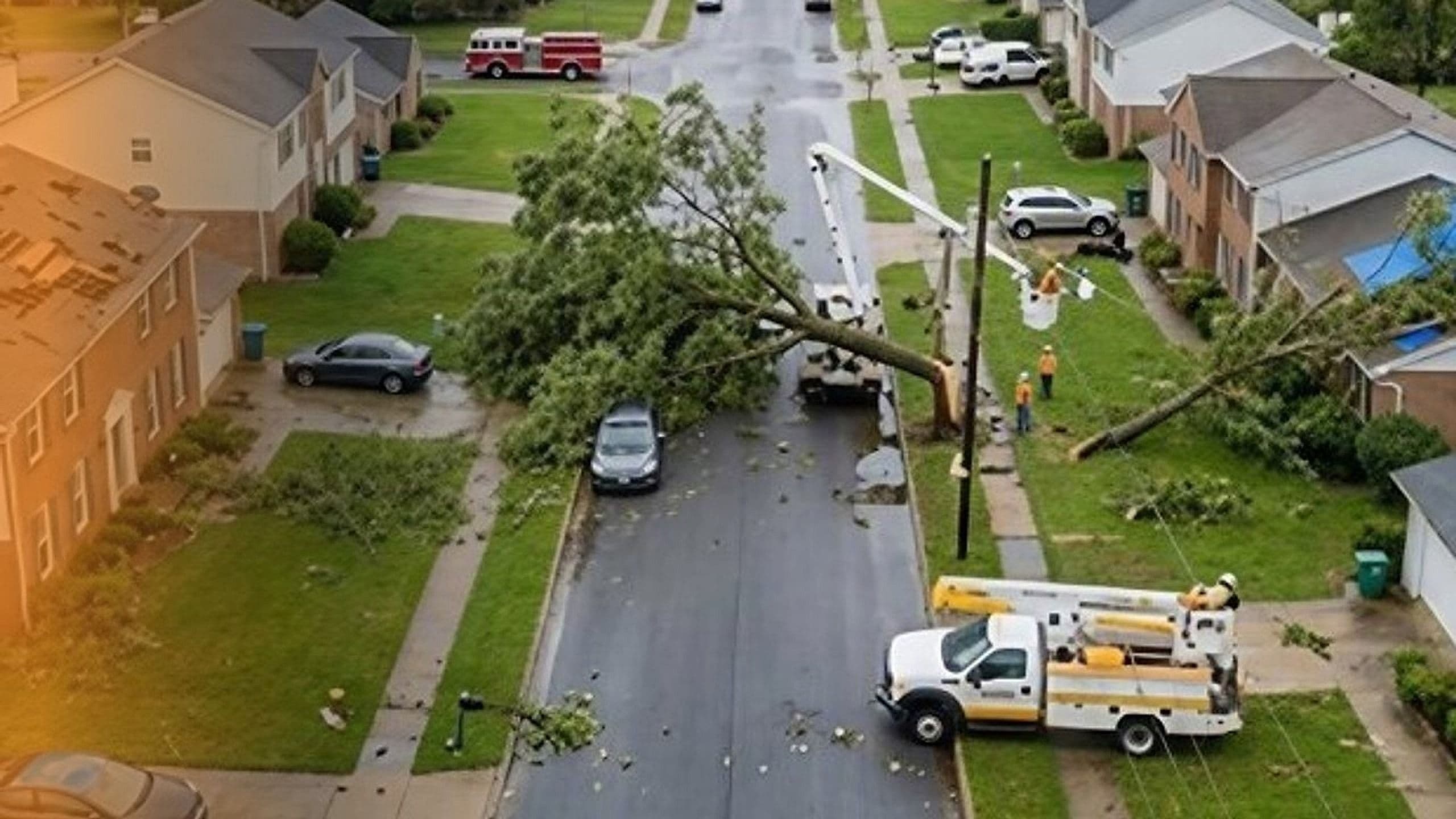 Aerial view of storm damage in a neighborhood with a fallen tree across the road and utility crews repairing power lines