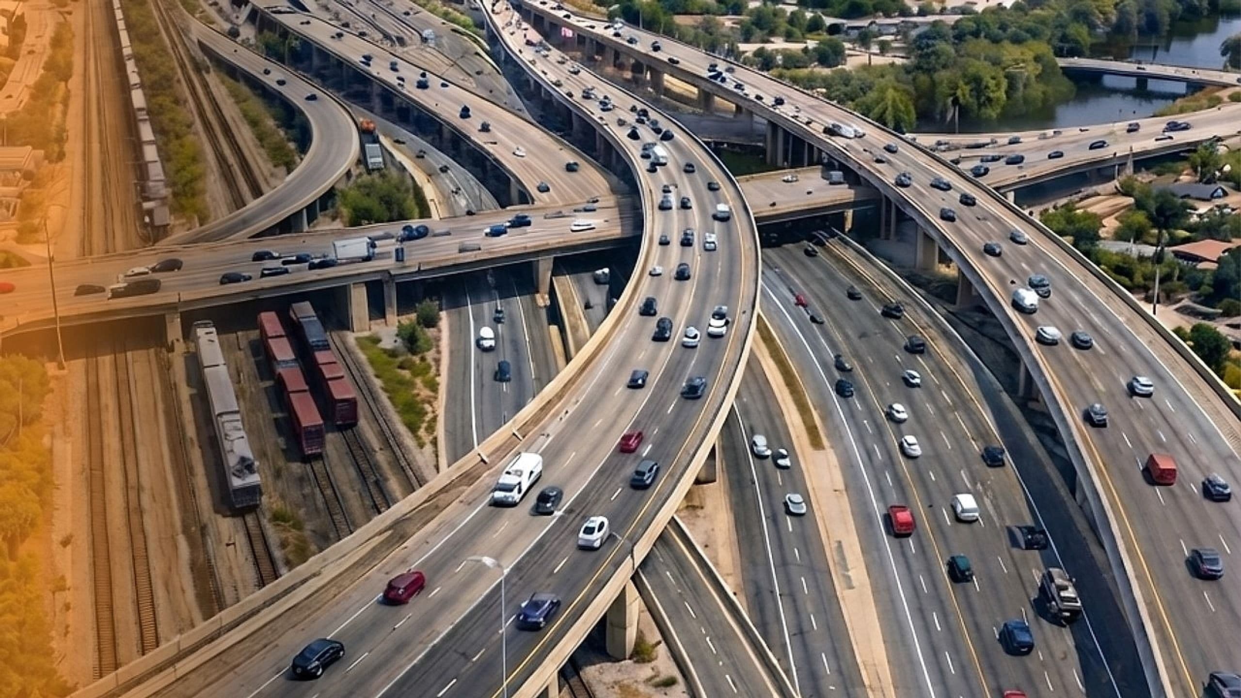 Aerial view of a multi-level highway interchange with traffic and adjacent railway lines