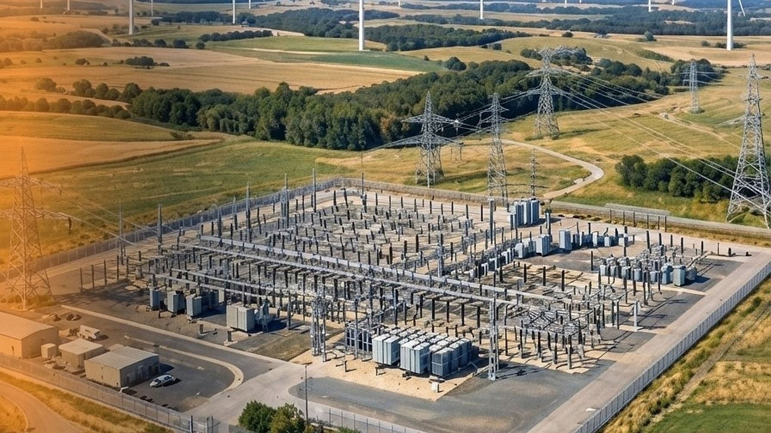 Aerial view of an electrical substation with transformers, transmission towers, power lines and wind turbines in farmland