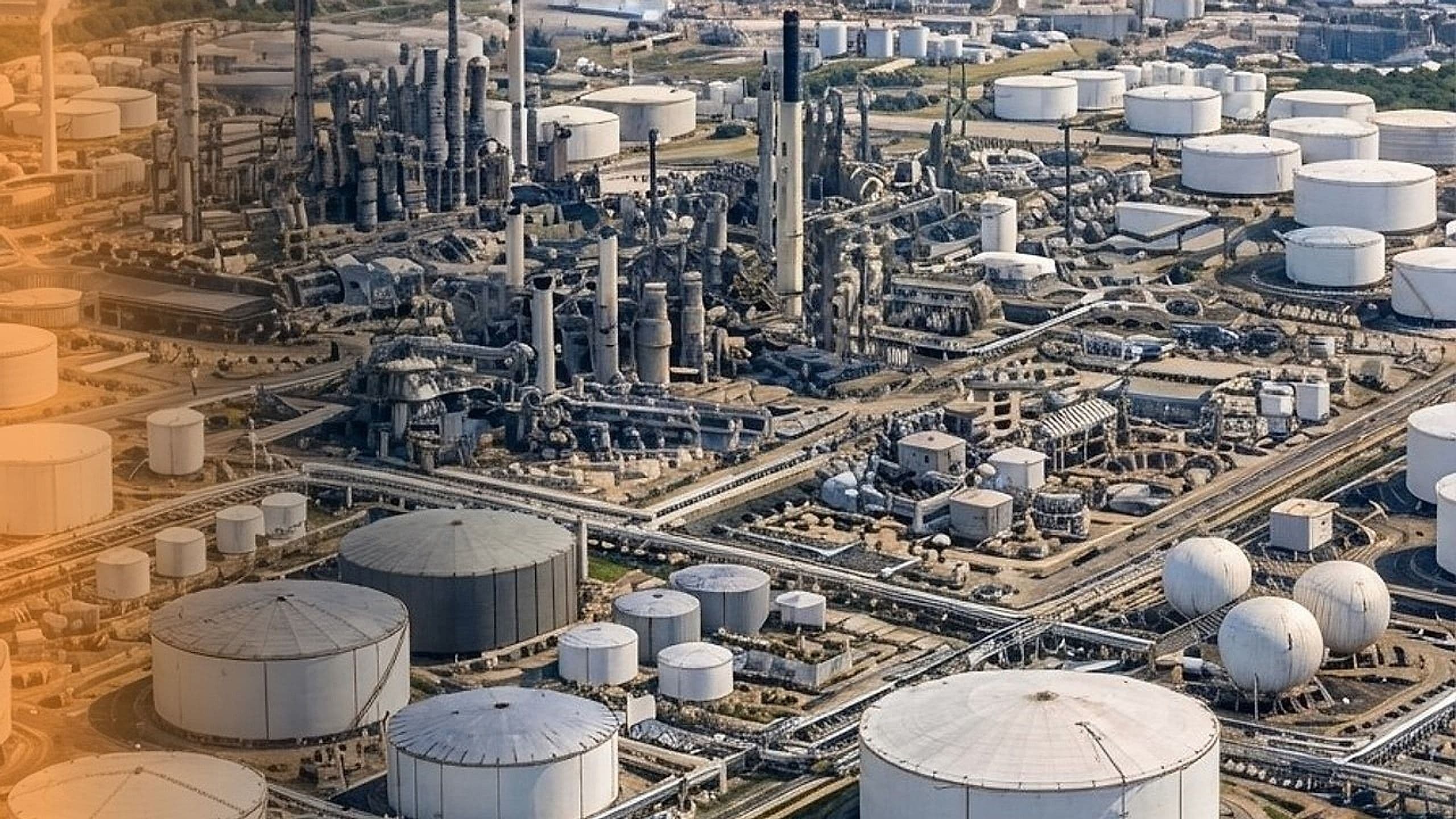 Aerial view of an oil refinery and petrochemical plant with white storage tanks, towers and pipelines