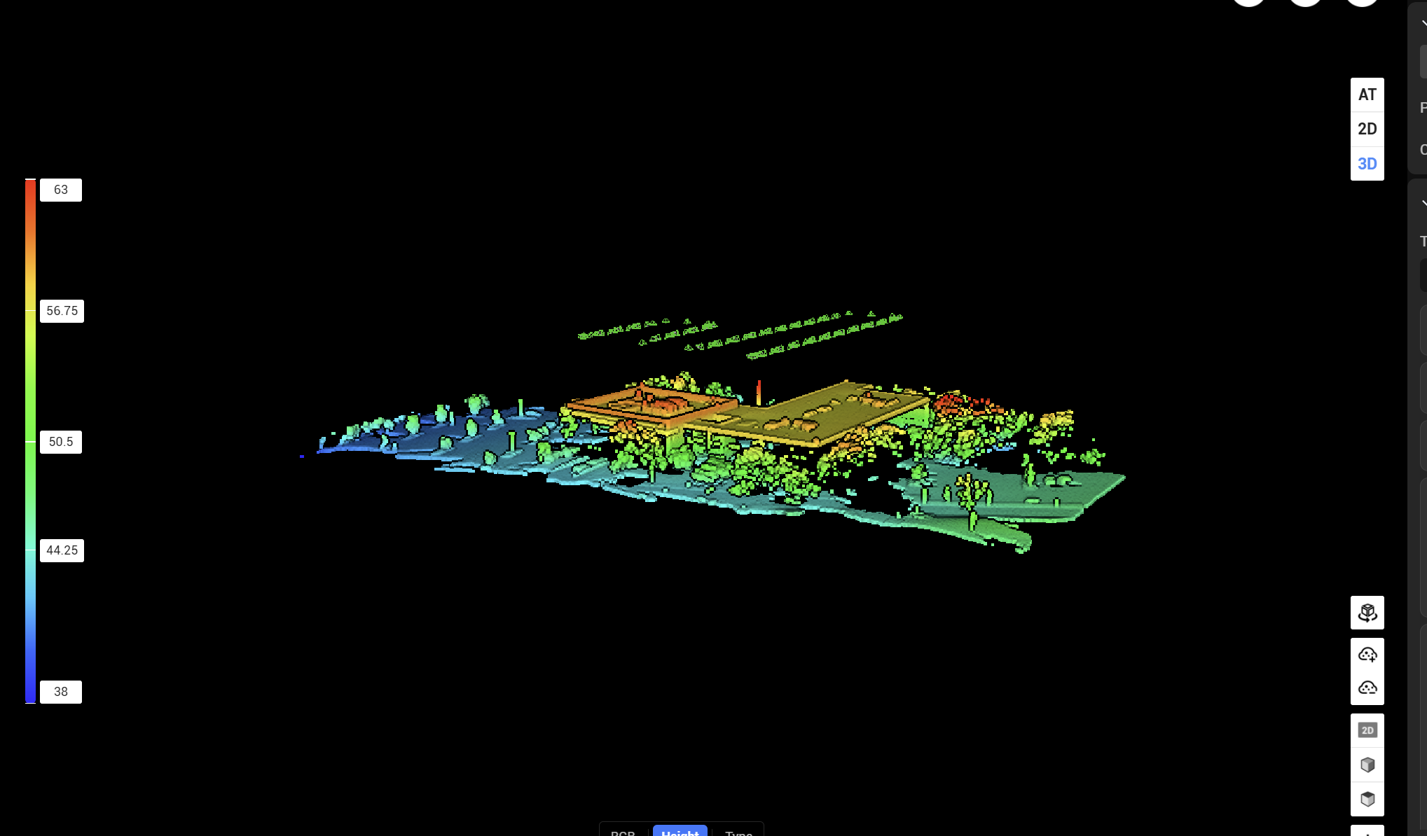 3D elevation topographical map visualization showing LiDAR point cloud data of building structure and surrounding terrain with color-coded elevation scale from 38 to 63 demonstrating advanced drone mapping and surveying capabilities