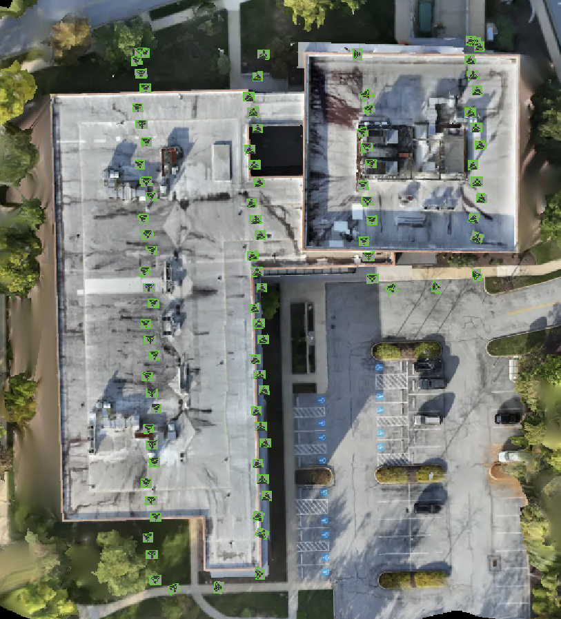 3D orthomosaic model of building rooftop with GPS control points for precise solar panel placement planning