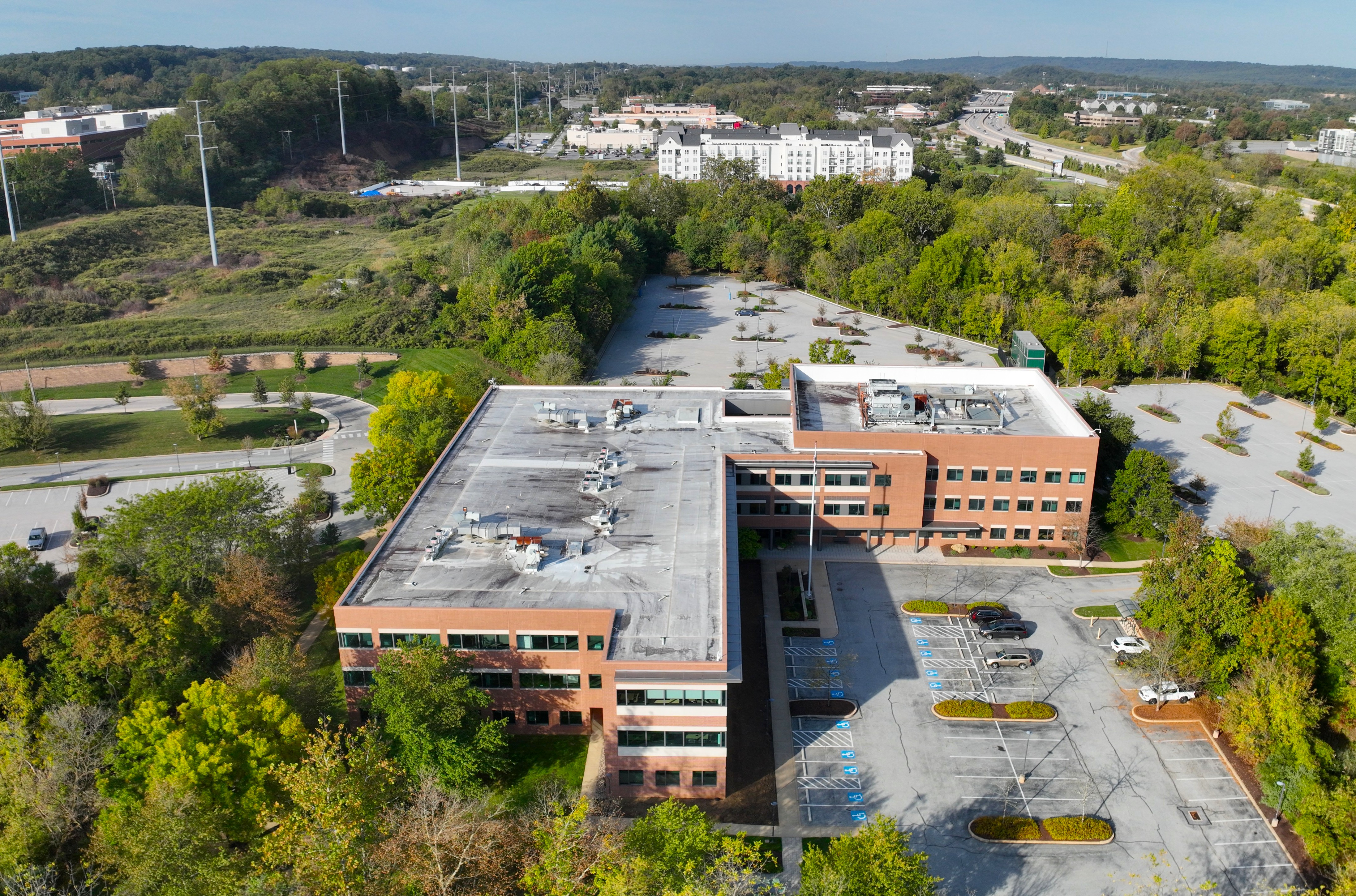 Aerial view of commercial building in Malvern, PA showing rooftop for solar installation assessment