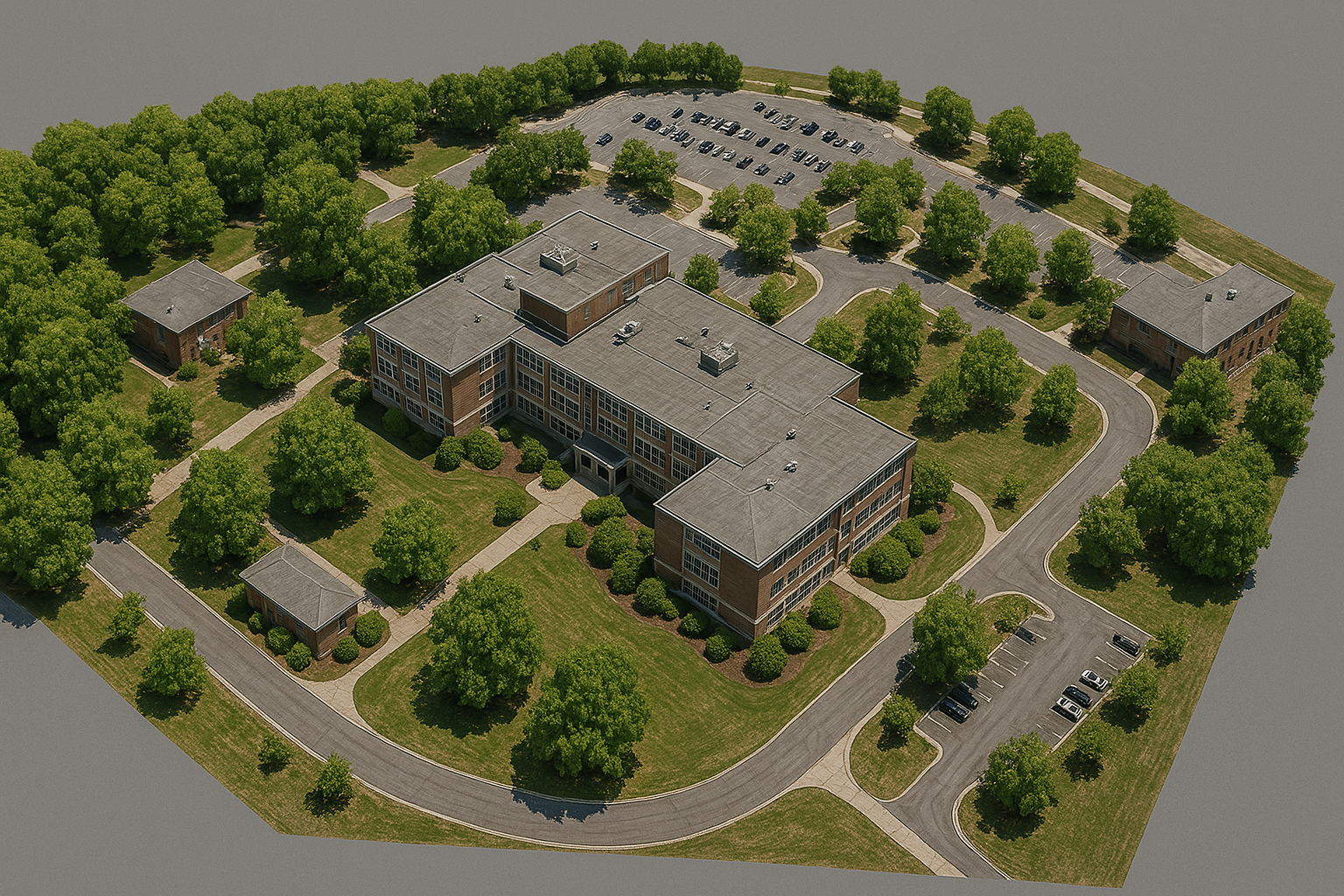 Aerial view of modern commercial building complex showcasing drone mapping and surveying capabilities