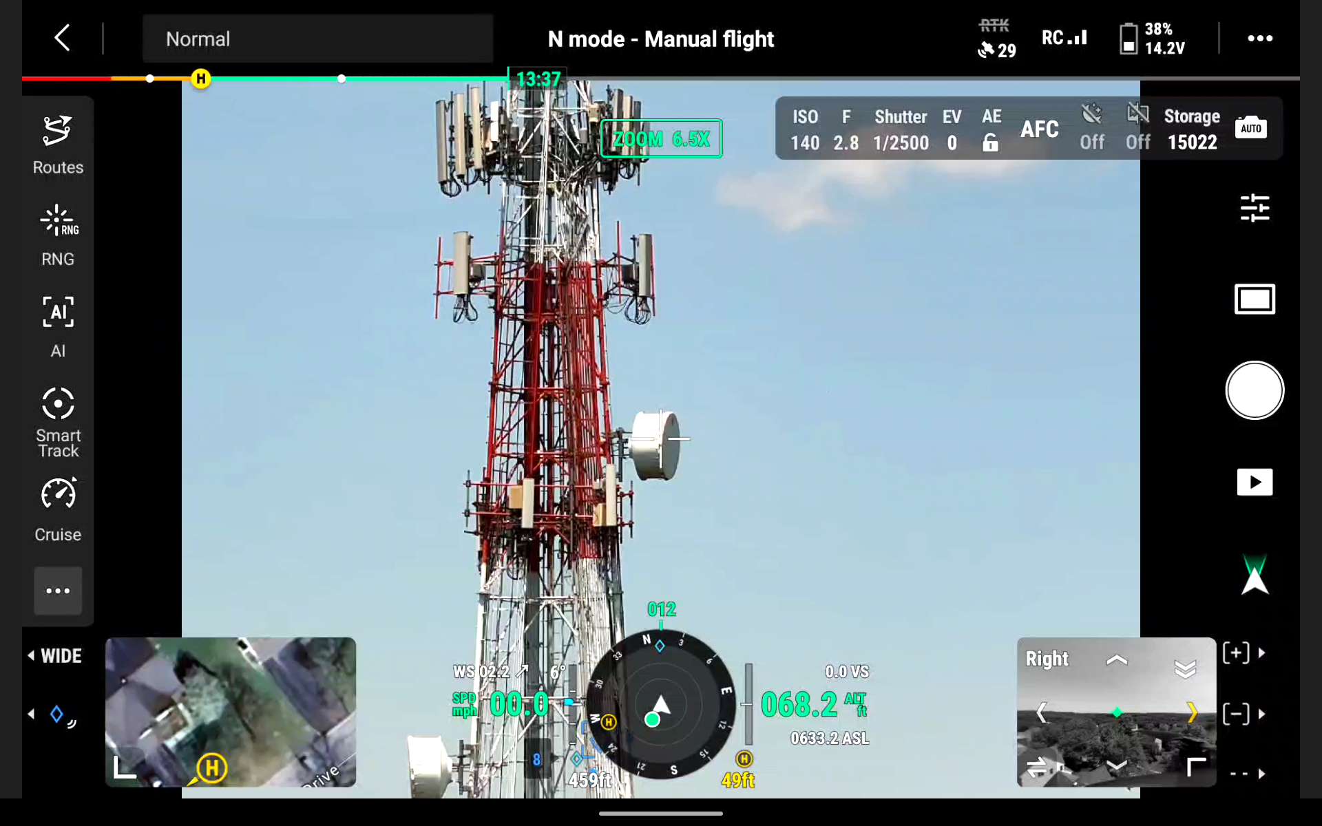 Drone control interface displaying cell tower inspection with flight parameters and real-time monitoring capabilities